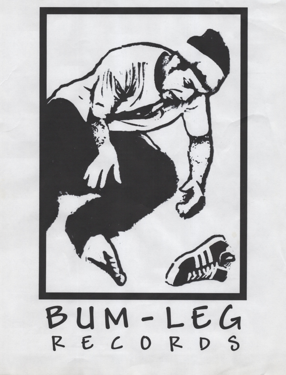 Original black-and-white Bum-Leg Records artwork showing a musician leaning over a guitar amplifier
